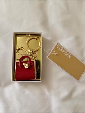Michael Kors Red Saffiano Mini Bag Keyring with Gold Hardware